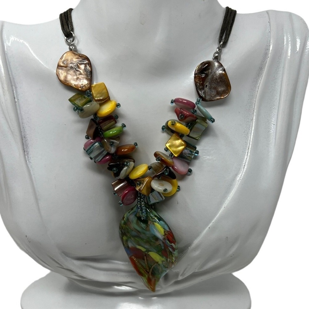 Boho Glass Pendant Multicolor Beads Brown Cord Adjustable Necklaceā